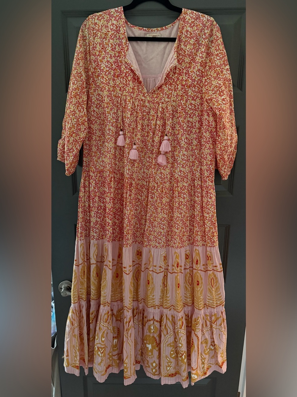 Pink Chicken Pink and Yellow Floral Tassel Maxi Dress